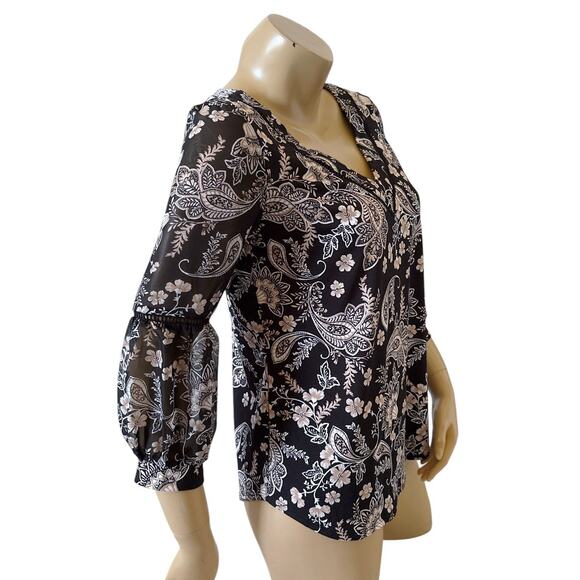 PERSEPTION CONCEPT Womens Size Small Balloon Sleeve Paisley Boho V Neck Shirt - Picture 3 of 8